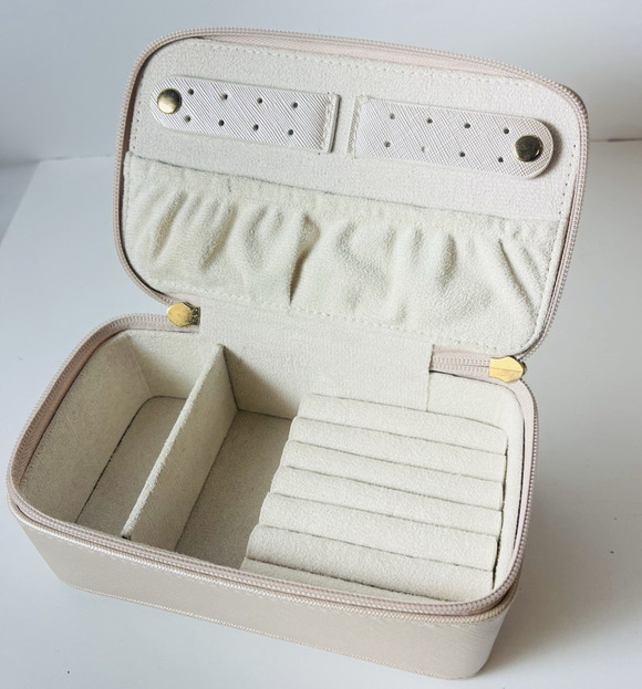 Unbranded Other - Travel Jewelry Organizer Case Beige Faux Leather Zippered Storage Box